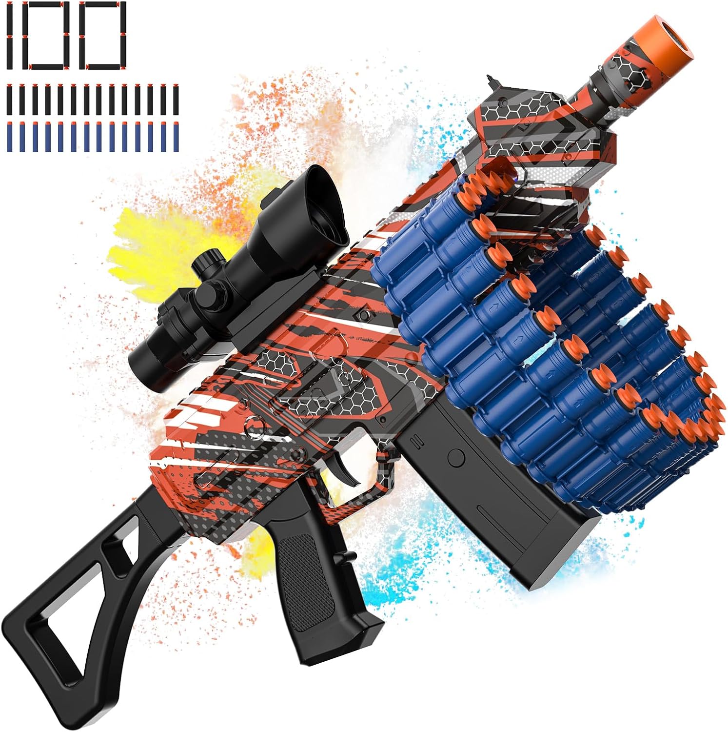 JakMean Blue Electric Auto Soft Dart Blaster, Scope, 30 Dart Clips, 100 Foam Darts, Outdoor Shooting Gift for Ages 6-12 & Adults