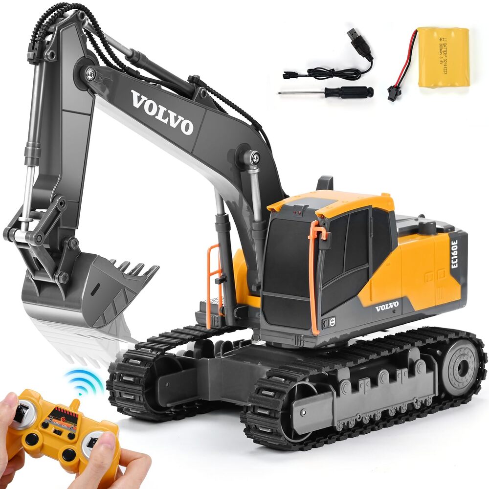 Double E Volvo Licensed RC Excavator Toy, 360° Spin & 330° Cab Rotation, Rechargeable, Dig & Unload, STEM Gift Kids 3+