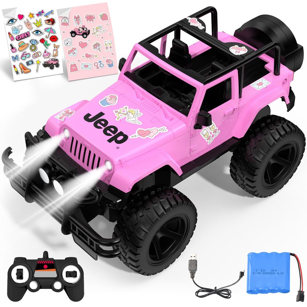 DOUBLE E Jeep Licensed 1:14 Pink RC Car for Girls, Open-Top Off Road Truck with LED Lights, Birthday Gift Girls 6+