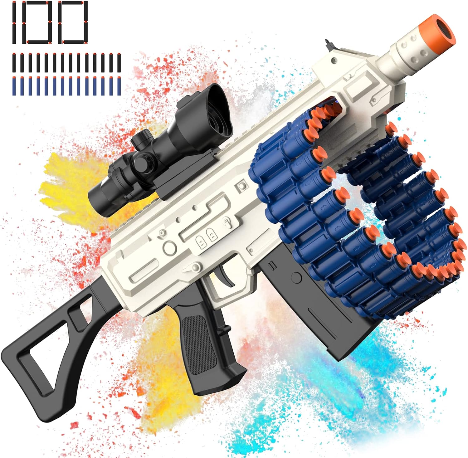 JakMean Blue Electric Auto Soft Dart Blaster, Scope, 30 Dart Clips, 100 Foam Darts, Outdoor Shooting Gift for Ages 6-12 & Adults