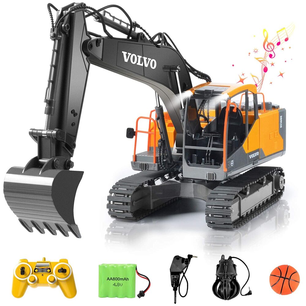 Double E Volvo 1:16 Scale Remote Control Excavator, 17 Channel 3-in-1 Construction Toy with Metal Shovel, Drill, Grab & Lights, 2.4GHz Full Function Digger for Outdoor Sandbox, Gift for Kids & Adults