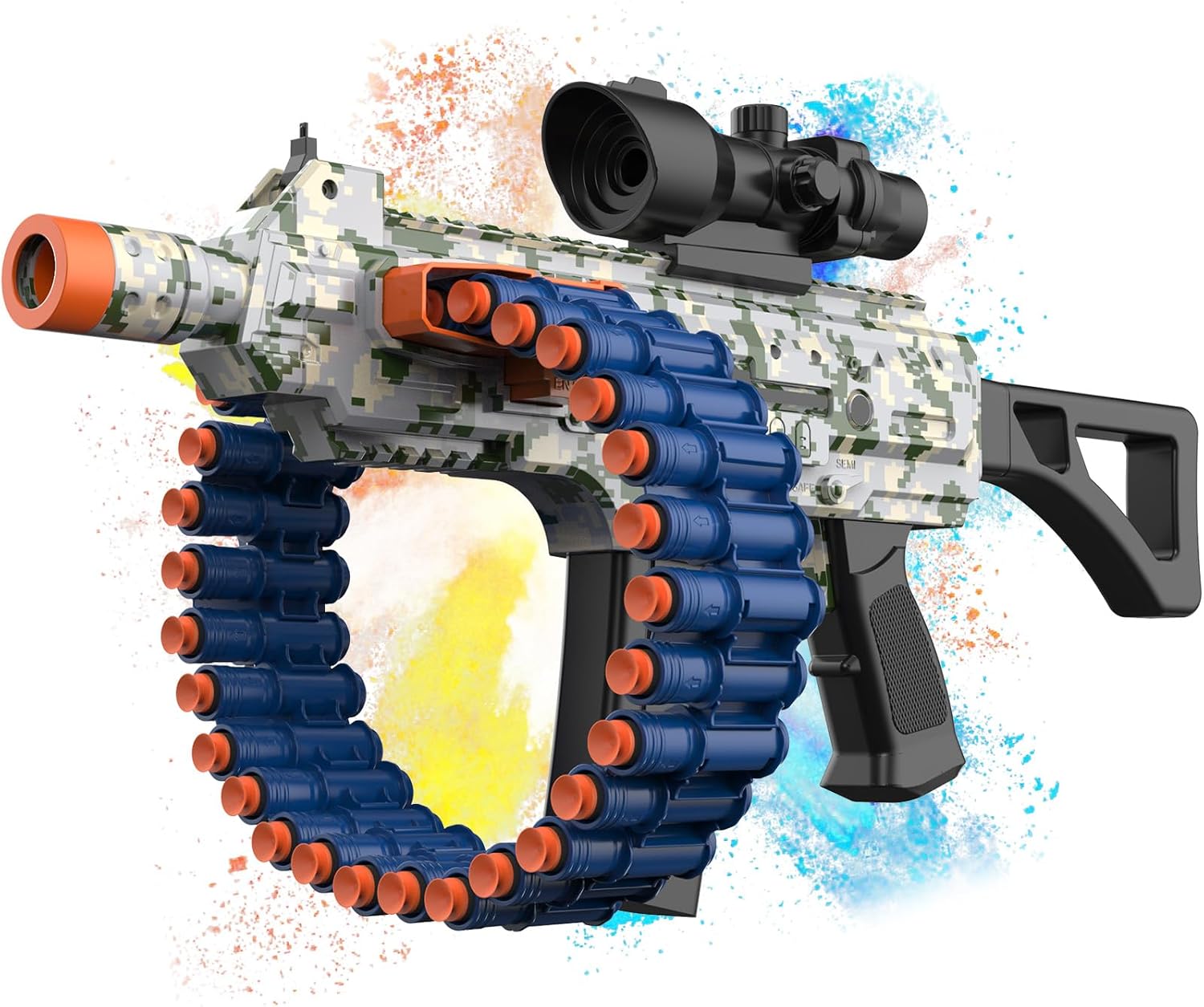 JakMean Blue Electric Auto Soft Dart Blaster, Scope, 30 Dart Clips, 100 Foam Darts, Outdoor Shooting Gift for Ages 6-12 & Adults