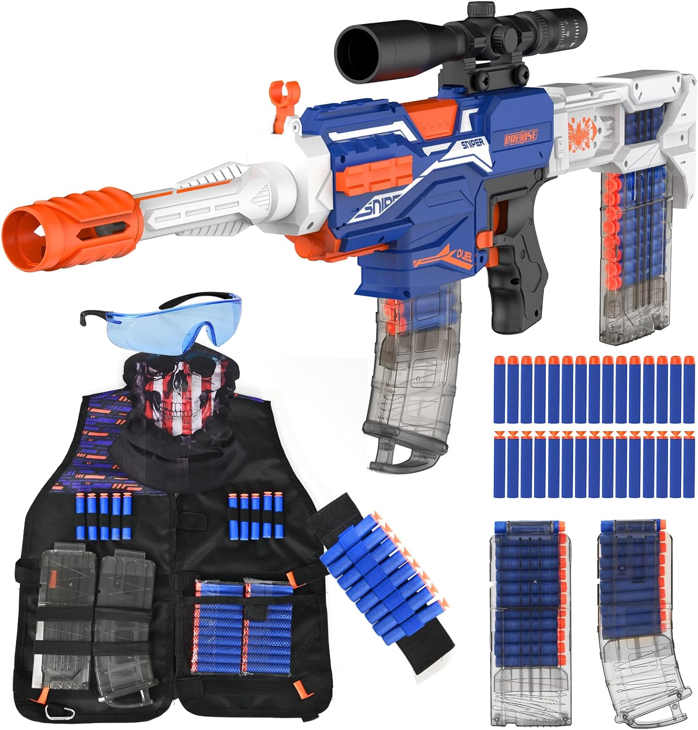 Auto Rechargeable Soft Dart Blaster Kit, Tactical Vest, Scope, Detachable Stock, Dual Modes, 150 Darts, Gift Kids 8-12