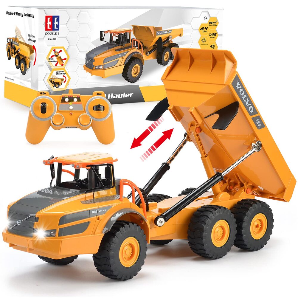 DOUBLE E Volvo RC Dump Truck Toy for Kids, Articulated Hauler, Remote Control Construction Toys Vehicles with Lights