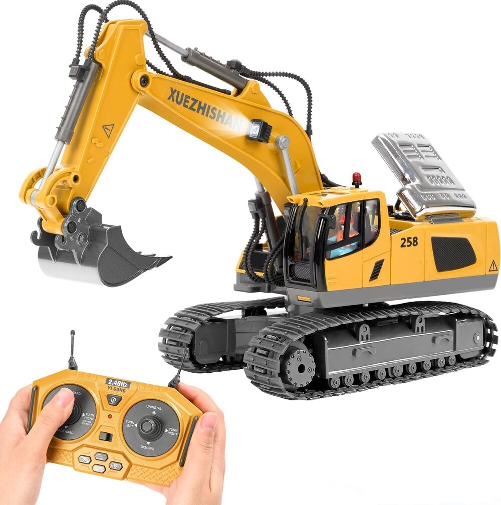 KidsFaves Remote Control Excavator Toys for Boys Turns 2 Batteries Metal Shovel Lights/Sounds