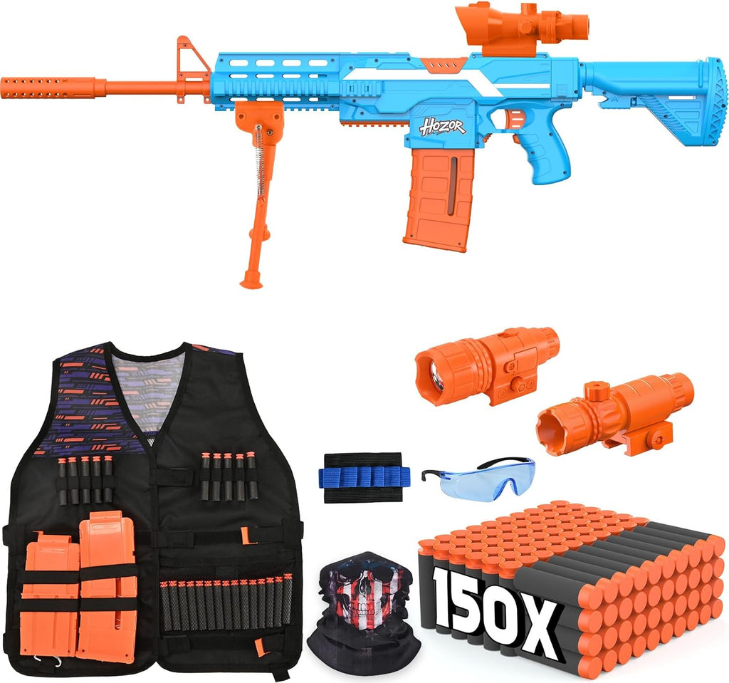 Motorized Rechargeable Soft Dart Blaster Set, Tactical Vest, Multi-Play, 3 Modes, 2 Clips & 150 Foam Darts, Kids Gift