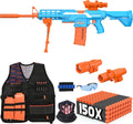 Motorized Rechargeable Soft Dart Blaster Set, Tactical Vest, Multi-Play, 3 Modes, 2 Clips & 150 Foam Darts, Kids Gift