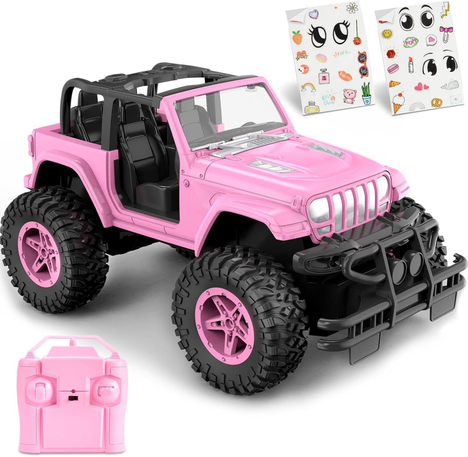 NQD Pink 2.4Ghz RC Jeep Truck with DIY Stickers, Remote Control Car Toy Gift for Girls Ages 3+ Birthday Xmas