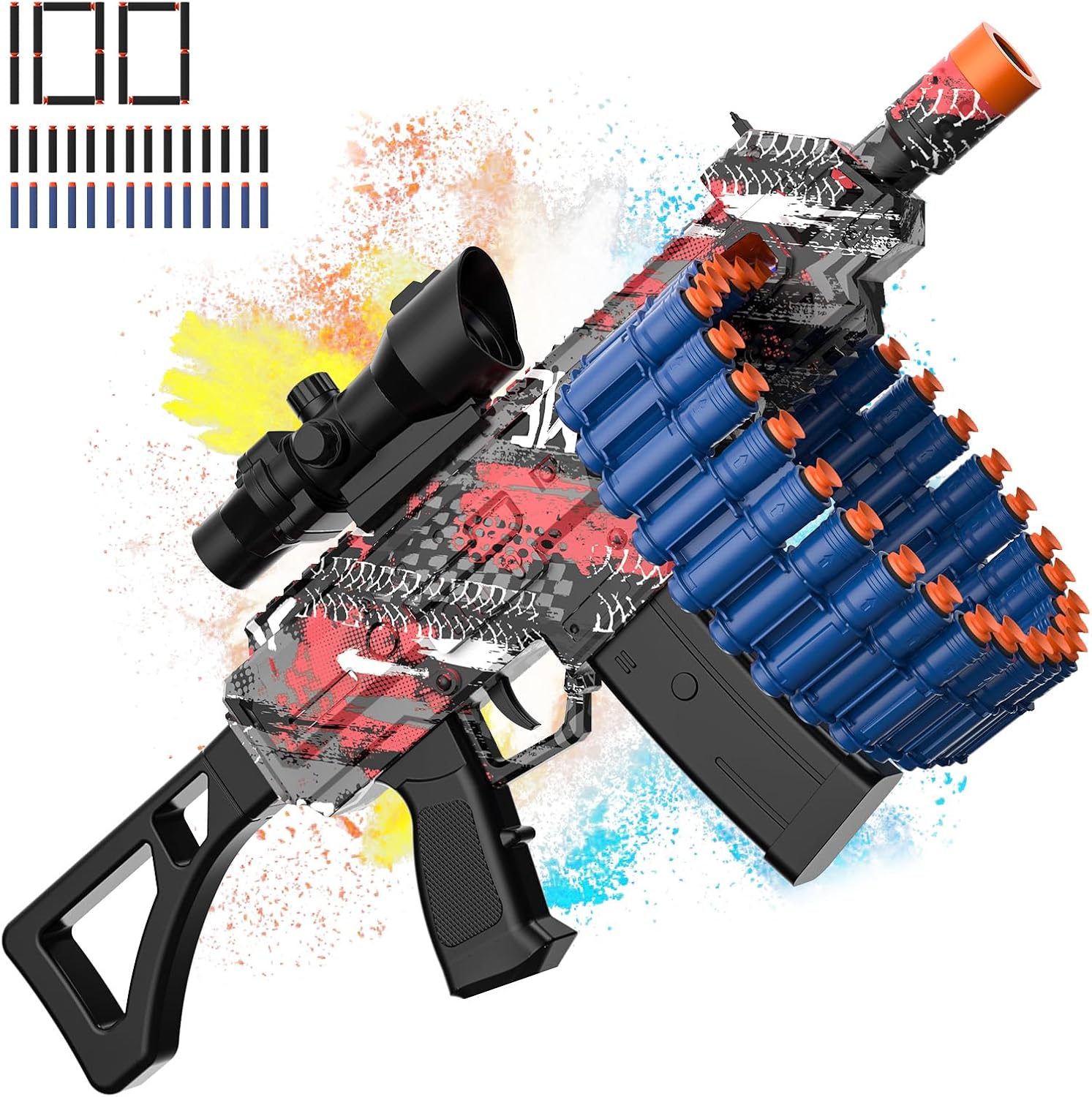 JakMean Blue Electric Auto Soft Dart Blaster, Scope, 30 Dart Clips, 100 Foam Darts, Outdoor Shooting Gift for Ages 6-12 & Adults