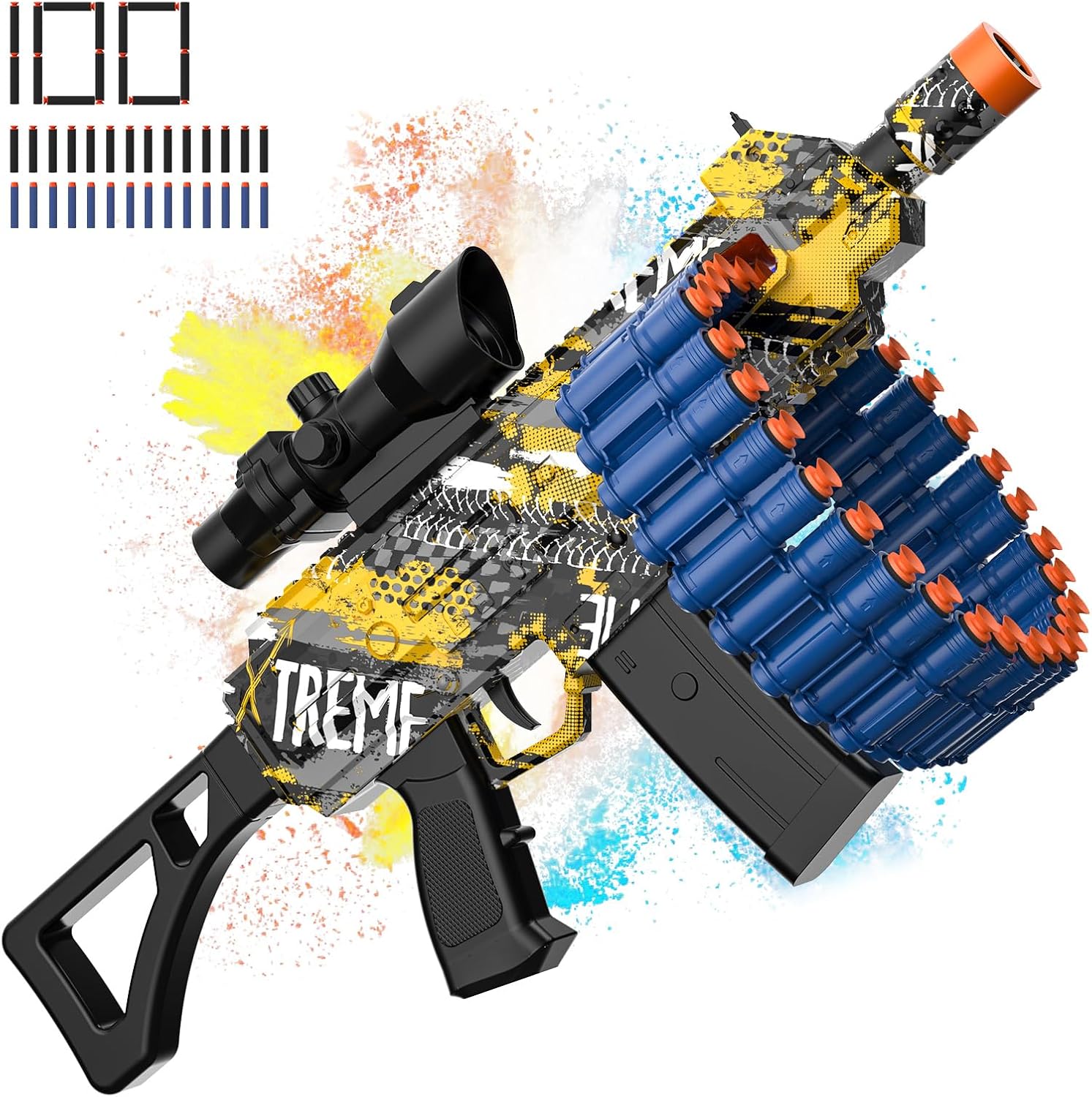 JakMean Blue Electric Auto Soft Dart Blaster, Scope, 30 Dart Clips, 100 Foam Darts, Outdoor Shooting Gift for Ages 6-12 & Adults