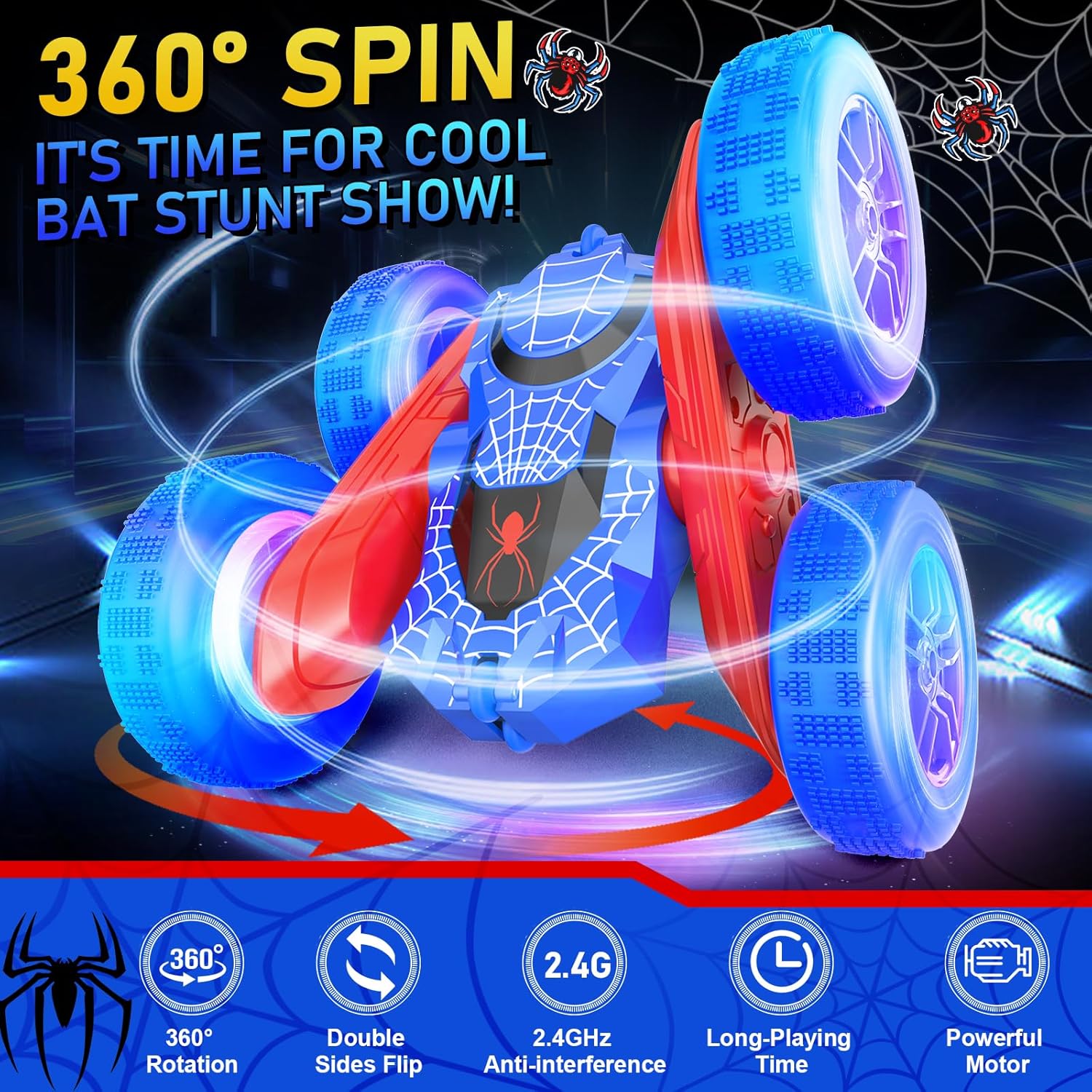 NQD Spider RC Stunt Car: 360° Flip 4WD Off-Road Vehicle with LED Wheels, Toy Gift for Boys Kids 4-12