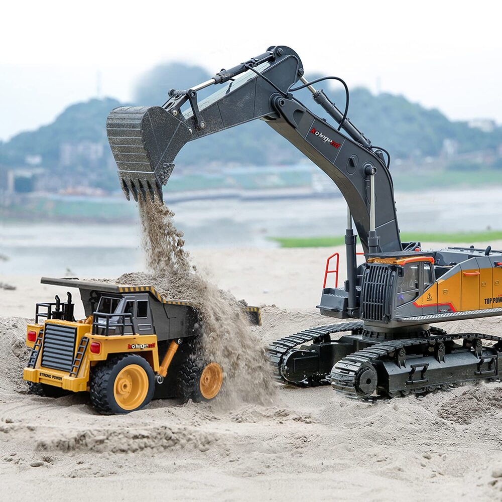 Remote Control Excavator Toy 1/14 Scale RC Excavator, 22 Channel Upgrade Full Functional Construction Vehicles Rechargeable RC Truck with Metal Shovel and Lights Sounds