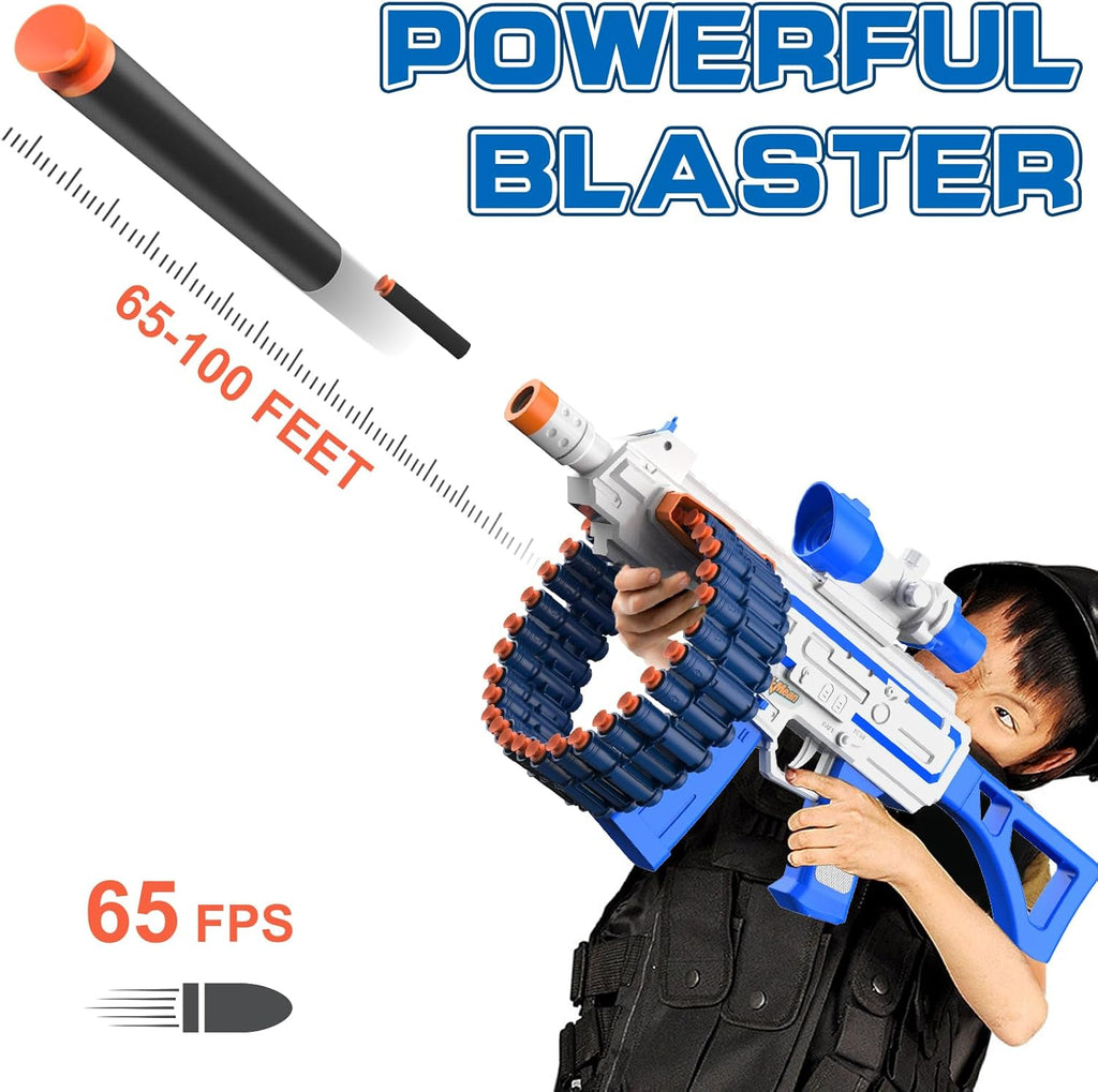 JakMean Blue Electric Auto Soft Dart Blaster, Scope, 30 Dart Clips, 100 Foam Darts, Outdoor Shooting Gift for Ages 6-12 & Adults