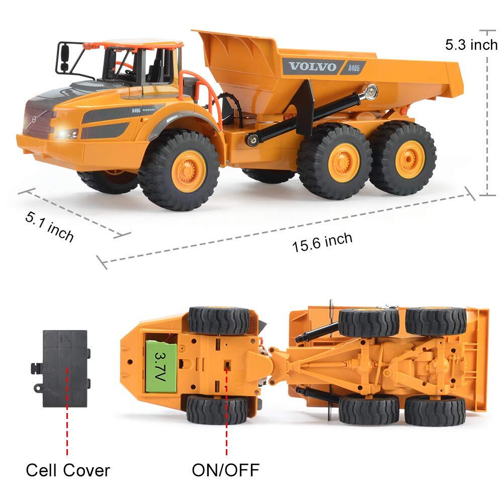 DOUBLE E Volvo RC Dump Truck Toy for Kids, Articulated Hauler, Remote Control Construction Toys Vehicles with Lights