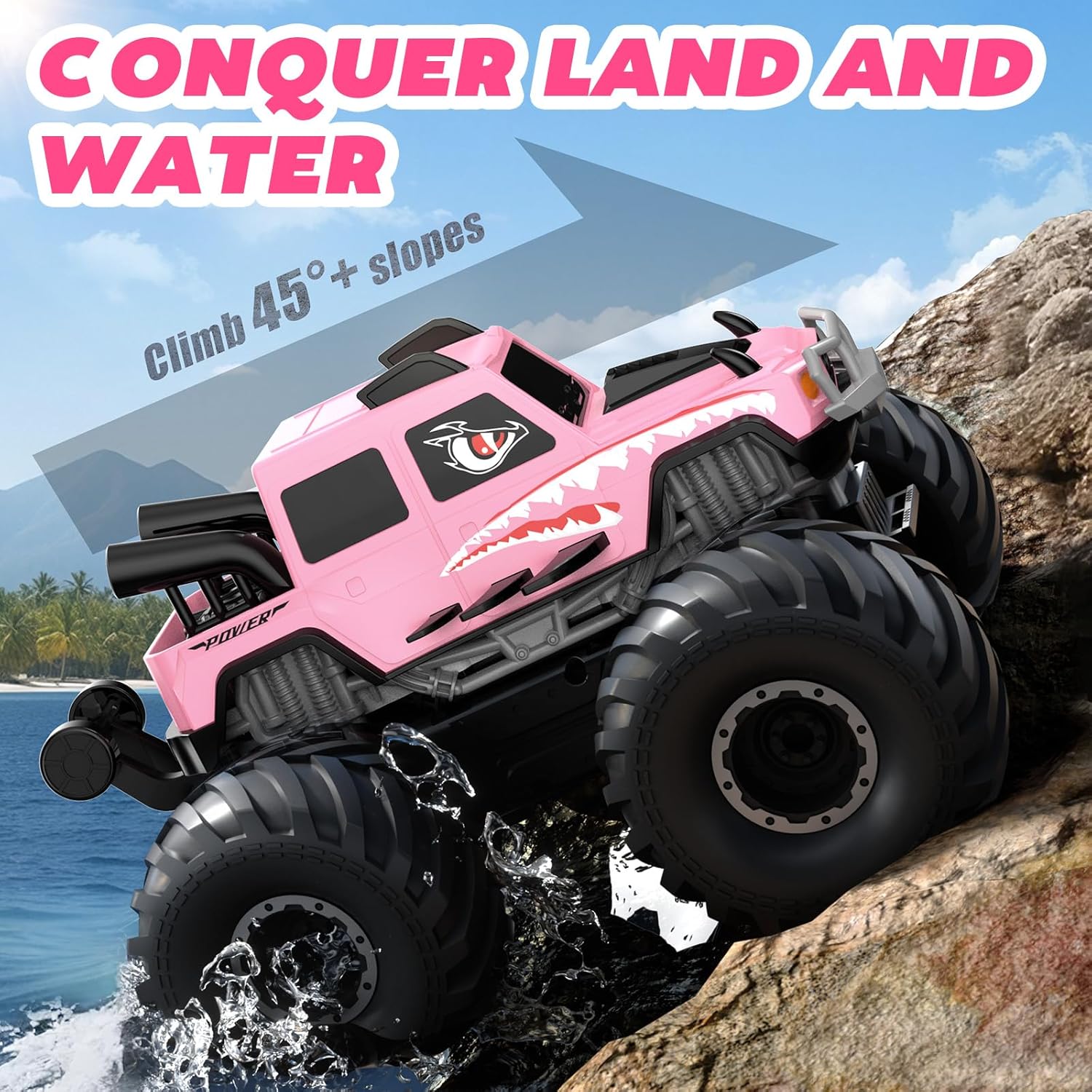 NQD® Pink Amphibious 4x4 RC Monster Truck, Waterproof 360° Rotate 2.4Ghz All Terrain Off-Road Toy Gift for Boys Ages 6-12+