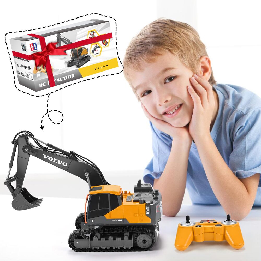 Double E Volvo Licensed RC Excavator Toy, 360° Spin & 330° Cab Rotation, Rechargeable, Dig & Unload, STEM Gift Kids 3+