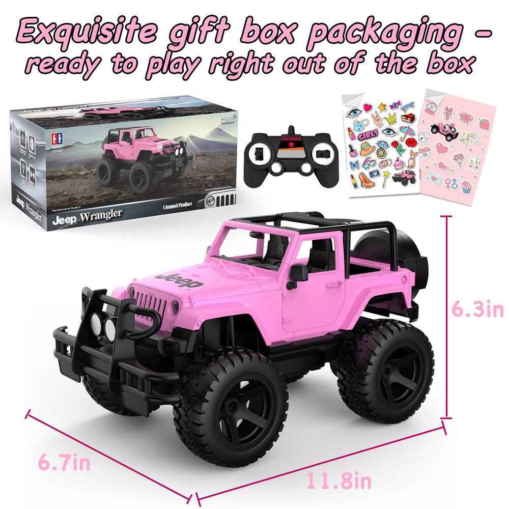 DOUBLE E Jeep Licensed 1:14 Pink RC Car for Girls, Open-Top Off Road Truck with LED Lights, Birthday Gift Girls 6+