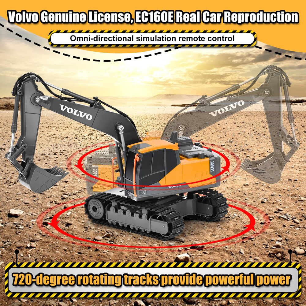 Double E Volvo Licensed RC Excavator Toy, 360° Spin & 330° Cab Rotation, Rechargeable, Dig & Unload, STEM Gift Kids 3+