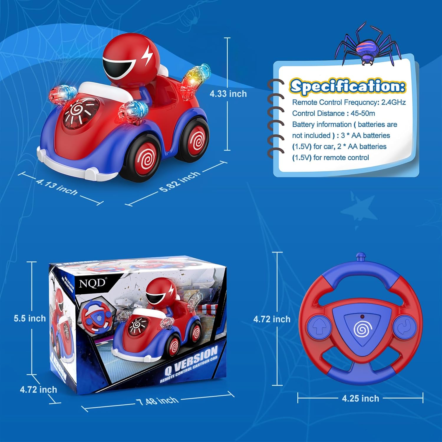 NQD Toddler Spider RC Car: Cartoon Race Toy with Music & Lights, Safe ABS Gift for Kids Boys Girls 3-7