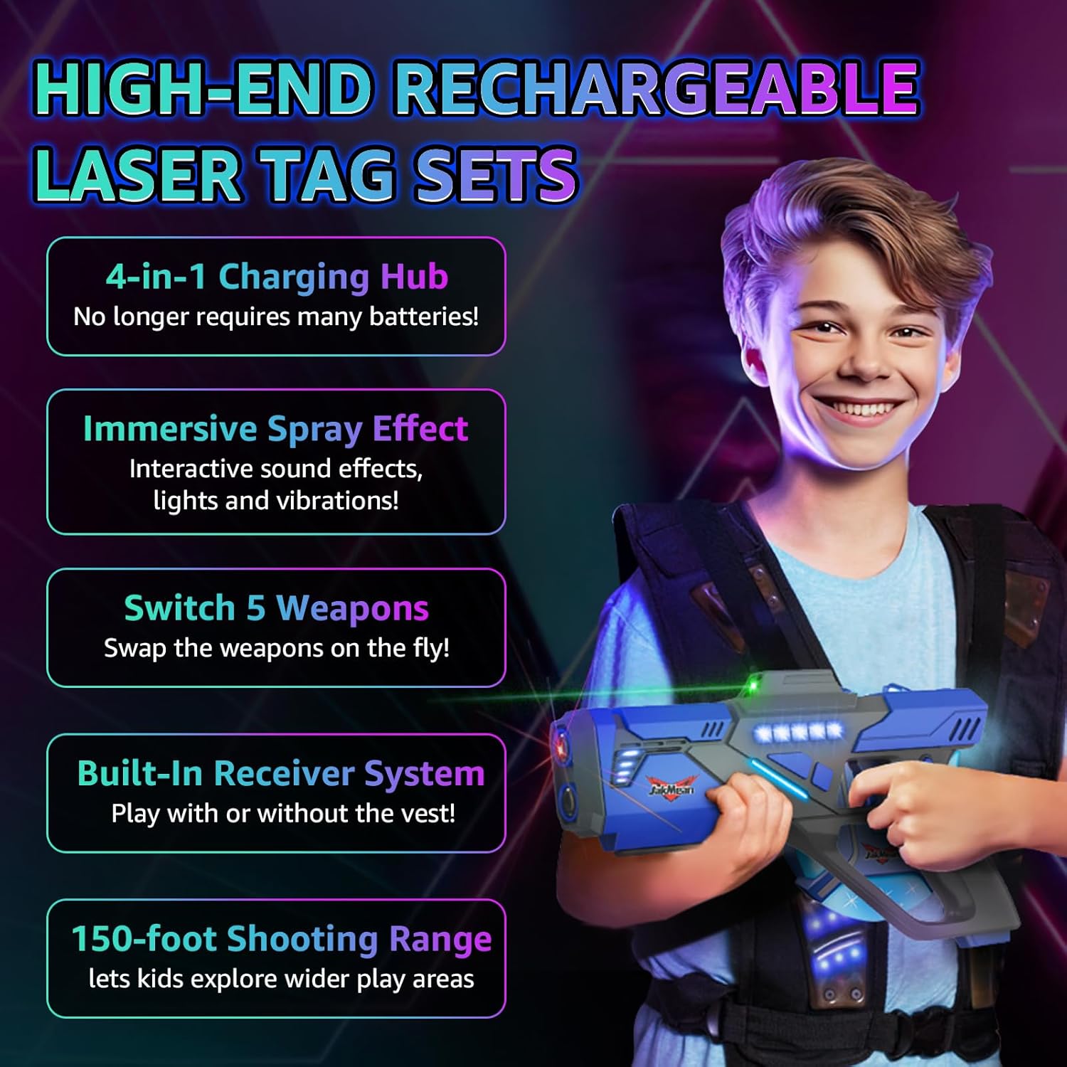 4 Pack Rechargeable Laser Tag Set with Vests, Mist Spray & LED Digital, Multiplayer Indoor Outdoor Game Toy Gift for Teens Ages 8+