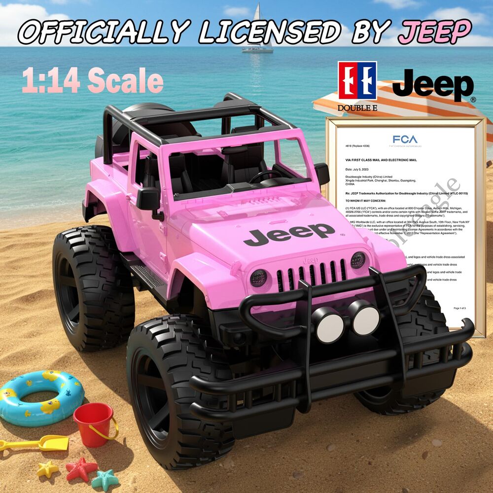DOUBLE E Jeep Licensed 1:14 Pink RC Car for Girls, Open-Top Off Road Truck with LED Lights, Birthday Gift Girls 6+