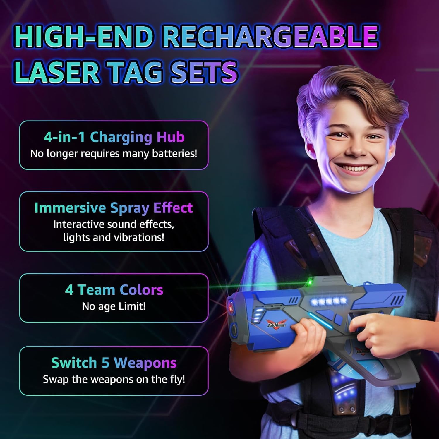 4 Pack Rechargeable Laser Tag Set with Vests, Mist Spray & LED, Multiplayer Toy Gift for Boys Girls Teens Ages 8+