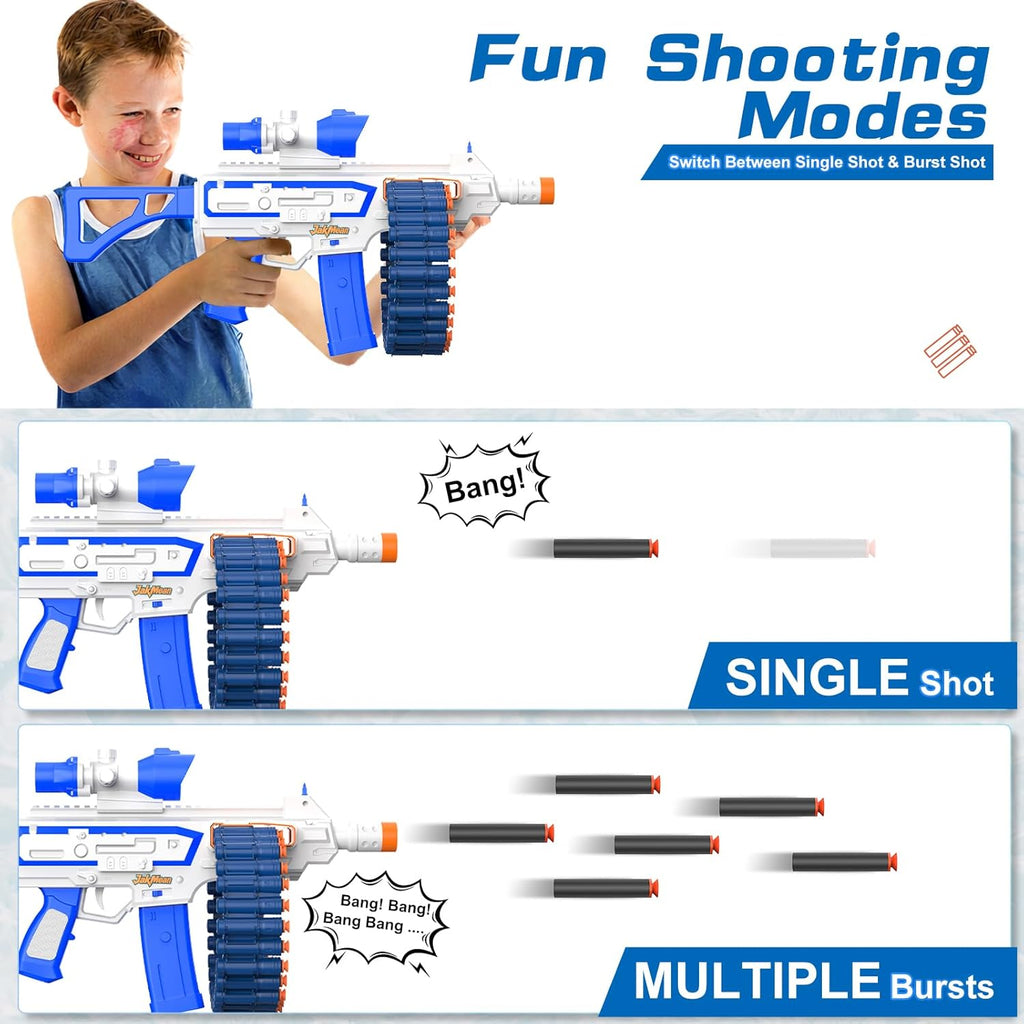 JakMean Blue Electric Auto Soft Dart Blaster, Scope, 30 Dart Clips, 100 Foam Darts, Outdoor Shooting Gift for Ages 6-12 & Adults