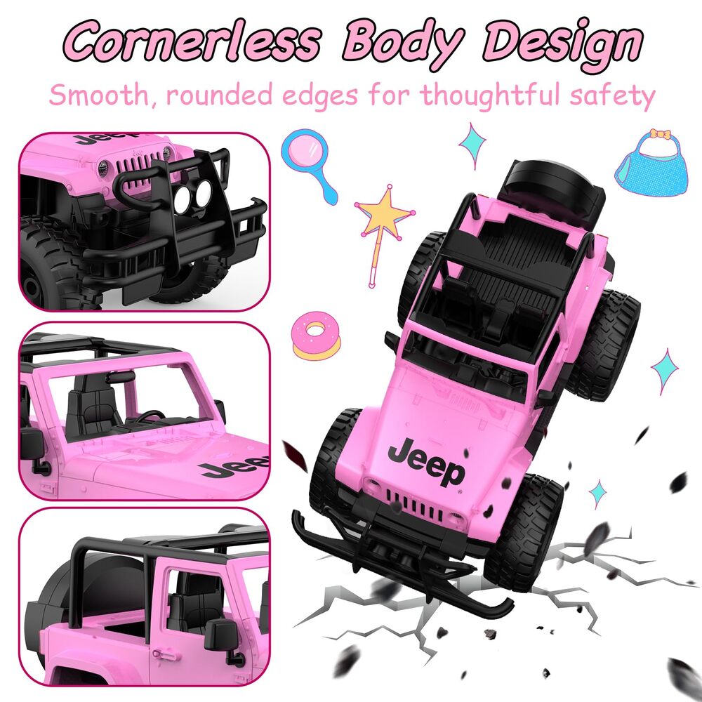 DOUBLE E Jeep Licensed 1:14 Pink RC Car for Girls, Open-Top Off Road Truck with LED Lights, Birthday Gift Girls 6+