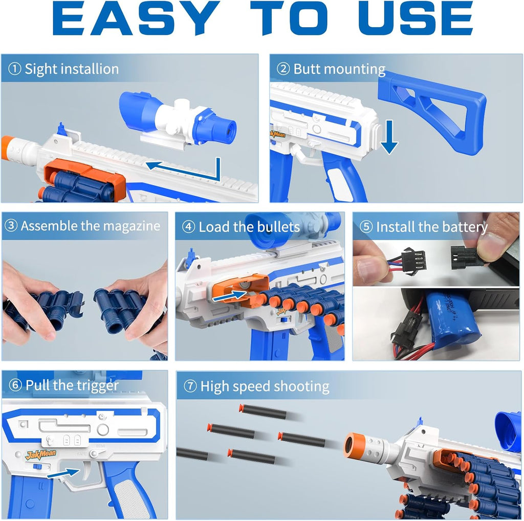 JakMean Blue Electric Auto Soft Dart Blaster, Scope, 30 Dart Clips, 100 Foam Darts, Outdoor Shooting Gift for Ages 6-12 & Adults