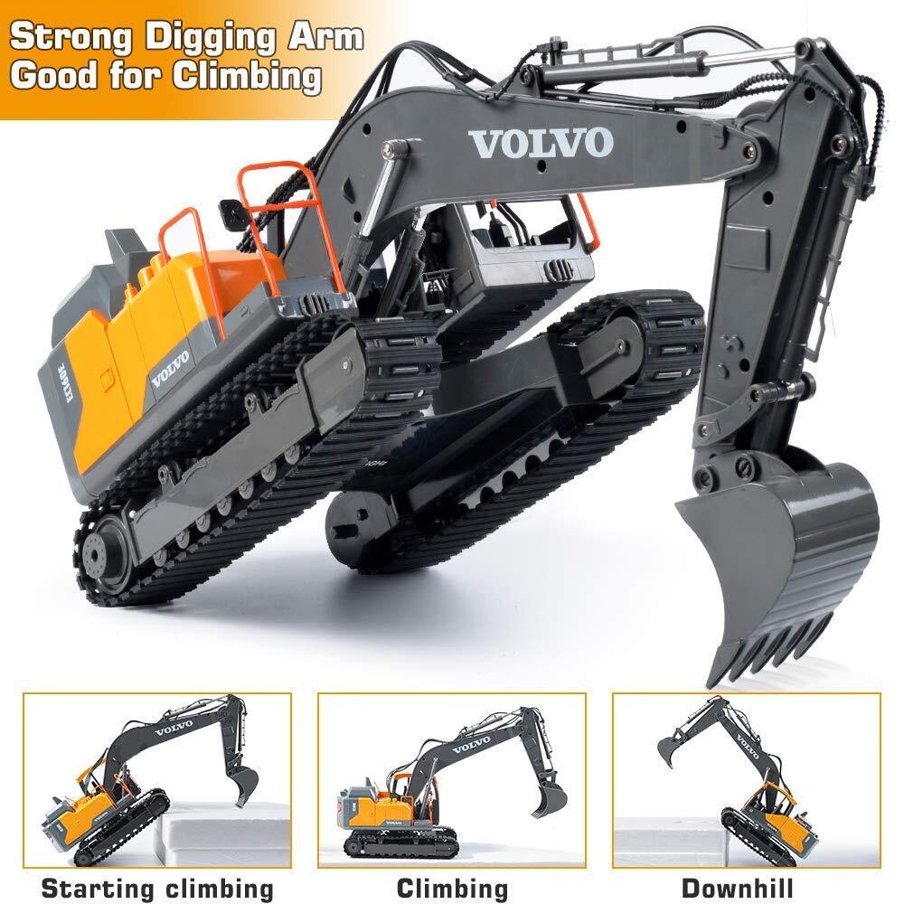 Double E Volvo 1:16 Scale Remote Control Excavator, 17 Channel 3-in-1 Construction Toy with Metal Shovel, Drill, Grab & Lights, 2.4GHz Full Function Digger for Outdoor Sandbox, Gift for Kids & Adults
