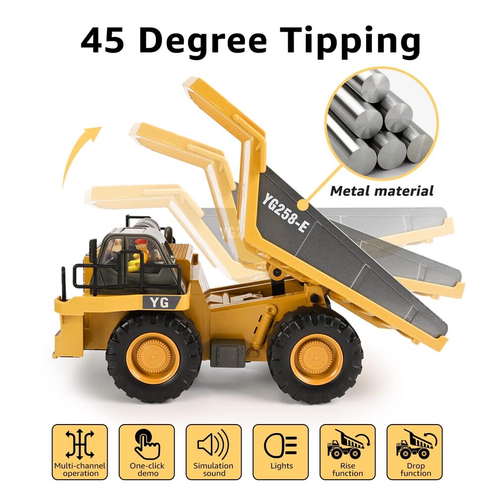 Remote Control Dump Truck Toys 9 Channel 2 Batteries RC Construction Toy Vehicles with Metal Bed Lights/Sounds