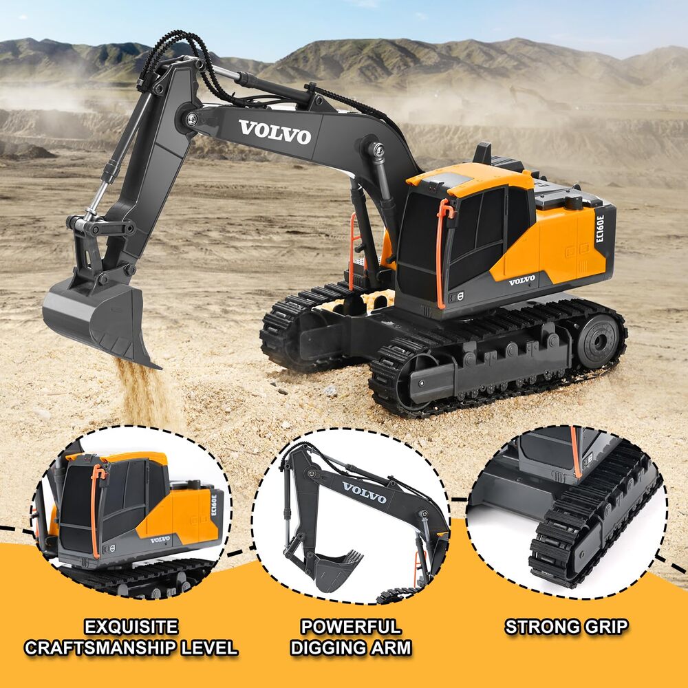 Double E Volvo Licensed RC Excavator Toy, 360° Spin & 330° Cab Rotation, Rechargeable, Dig & Unload, STEM Gift Kids 3+