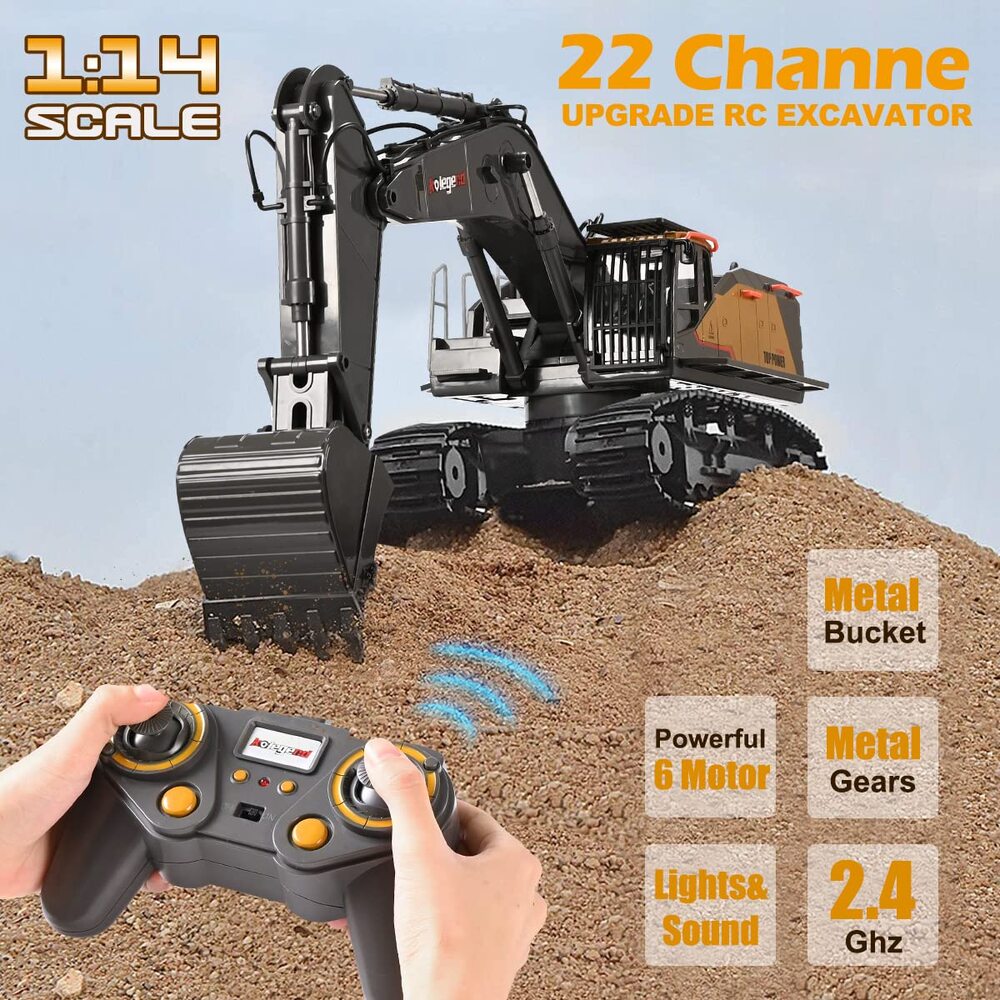 Remote Control Excavator Toy 1/14 Scale RC Excavator, 22 Channel Upgrade Full Functional Construction Vehicles Rechargeable RC Truck with Metal Shovel and Lights Sounds