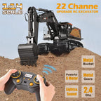 Remote Control Excavator Toy 1/14 Scale RC Excavator, 22 Channel Upgrade Full Functional Construction Vehicles Rechargeable RC Truck with Metal Shovel and Lights Sounds