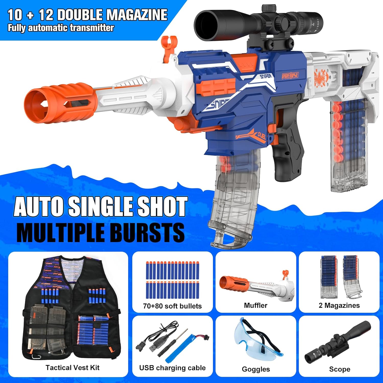 Auto Rechargeable Soft Dart Blaster Kit, Tactical Vest, Scope, Detachable Stock, Dual Modes, 150 Darts, Gift Kids 8-12