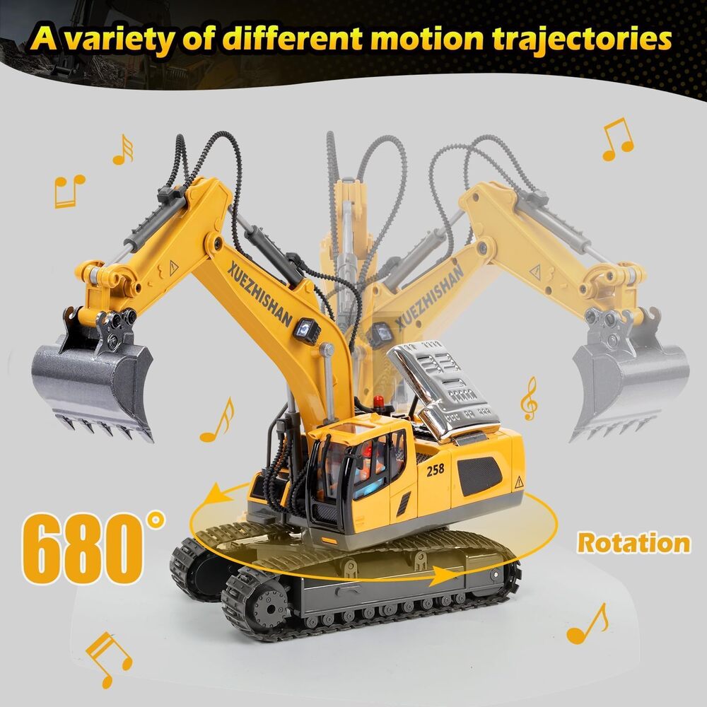 KidsFaves Remote Control Excavator Toys for Boys Turns 2 Batteries Metal Shovel Lights/Sounds