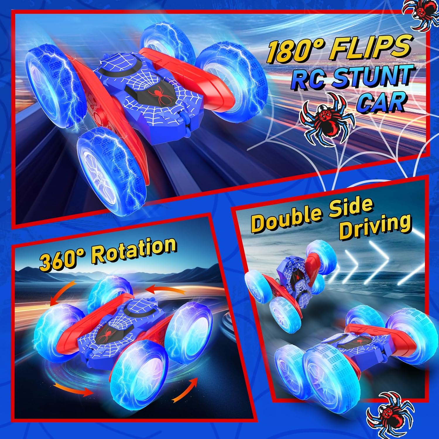 NQD Spider RC Stunt Car: 360° Flip 4WD Off-Road Vehicle with LED Wheels, Toy Gift for Boys Kids 4-12