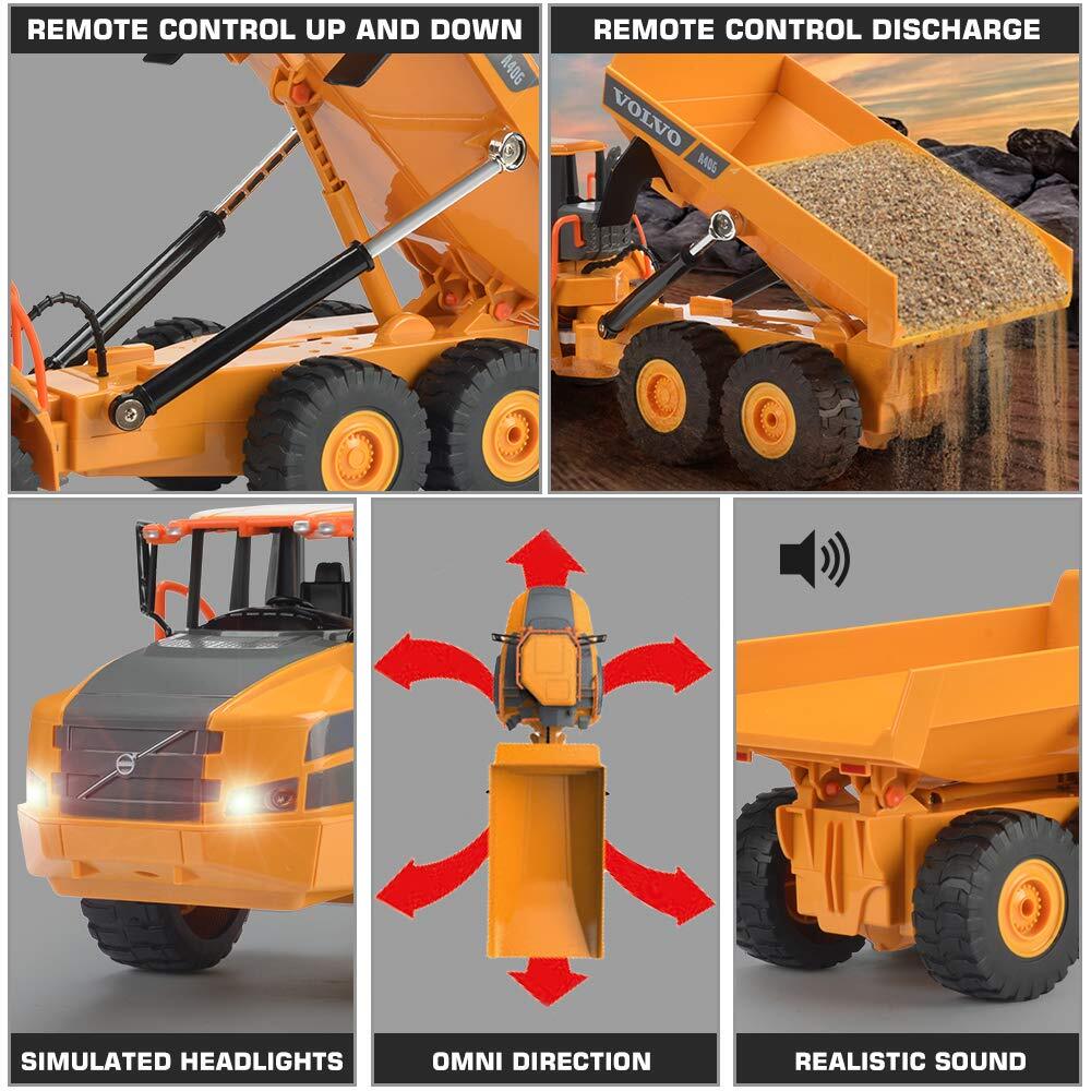 DOUBLE E Volvo RC Dump Truck Toy for Kids, Articulated Hauler, Remote Control Construction Toys Vehicles with Lights