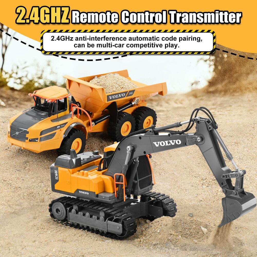 Double E Volvo Licensed RC Excavator Toy, 360° Spin & 330° Cab Rotation, Rechargeable, Dig & Unload, STEM Gift Kids 3+