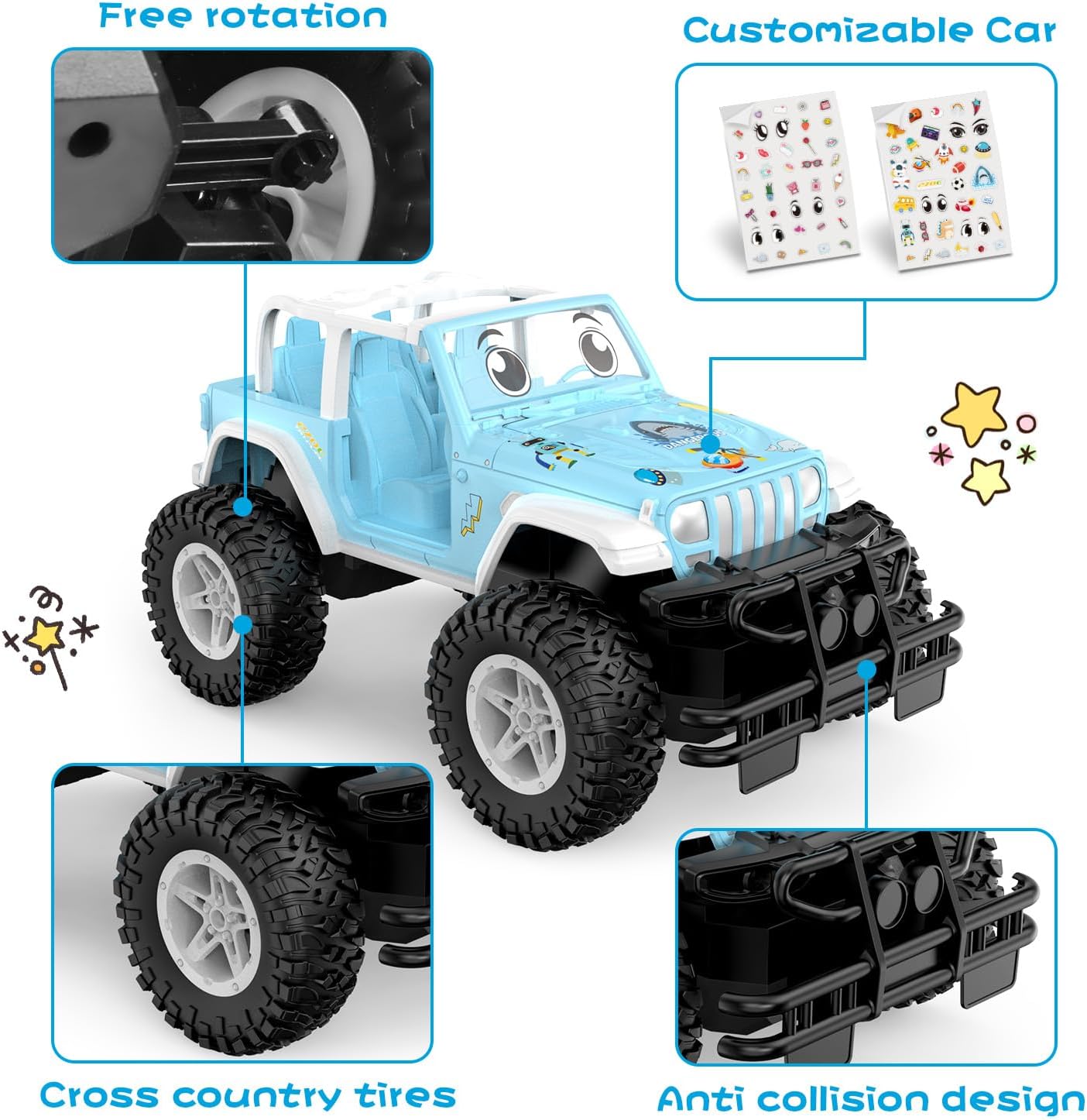 NQD Blue 1:16 Remote Control Off Road RC Truck, 2.4Ghz All Terrain Toy Car with Stickers, 80 Mins Playtime Gift for Kids