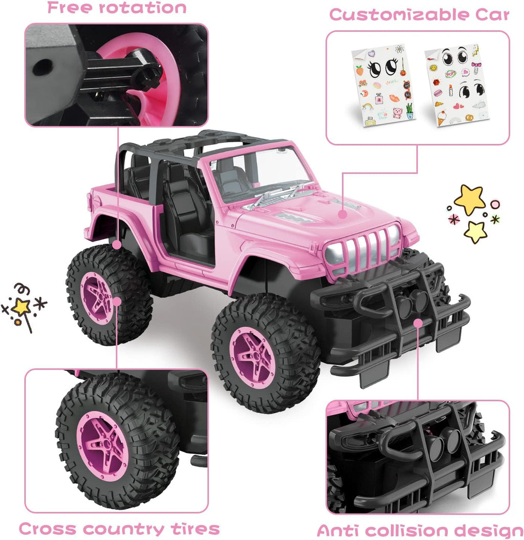 NQD Pink 2.4Ghz RC Jeep Truck with DIY Stickers, Remote Control Car Toy Gift for Girls Ages 3+ Birthday Xmas
