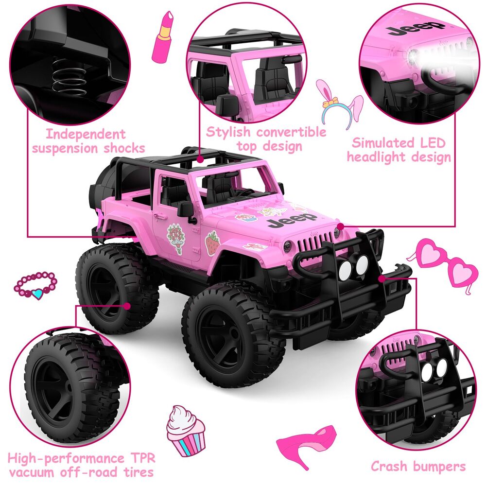 DOUBLE E Jeep Licensed 1:14 Pink RC Car for Girls, Open-Top Off Road Truck with LED Lights, Birthday Gift Girls 6+
