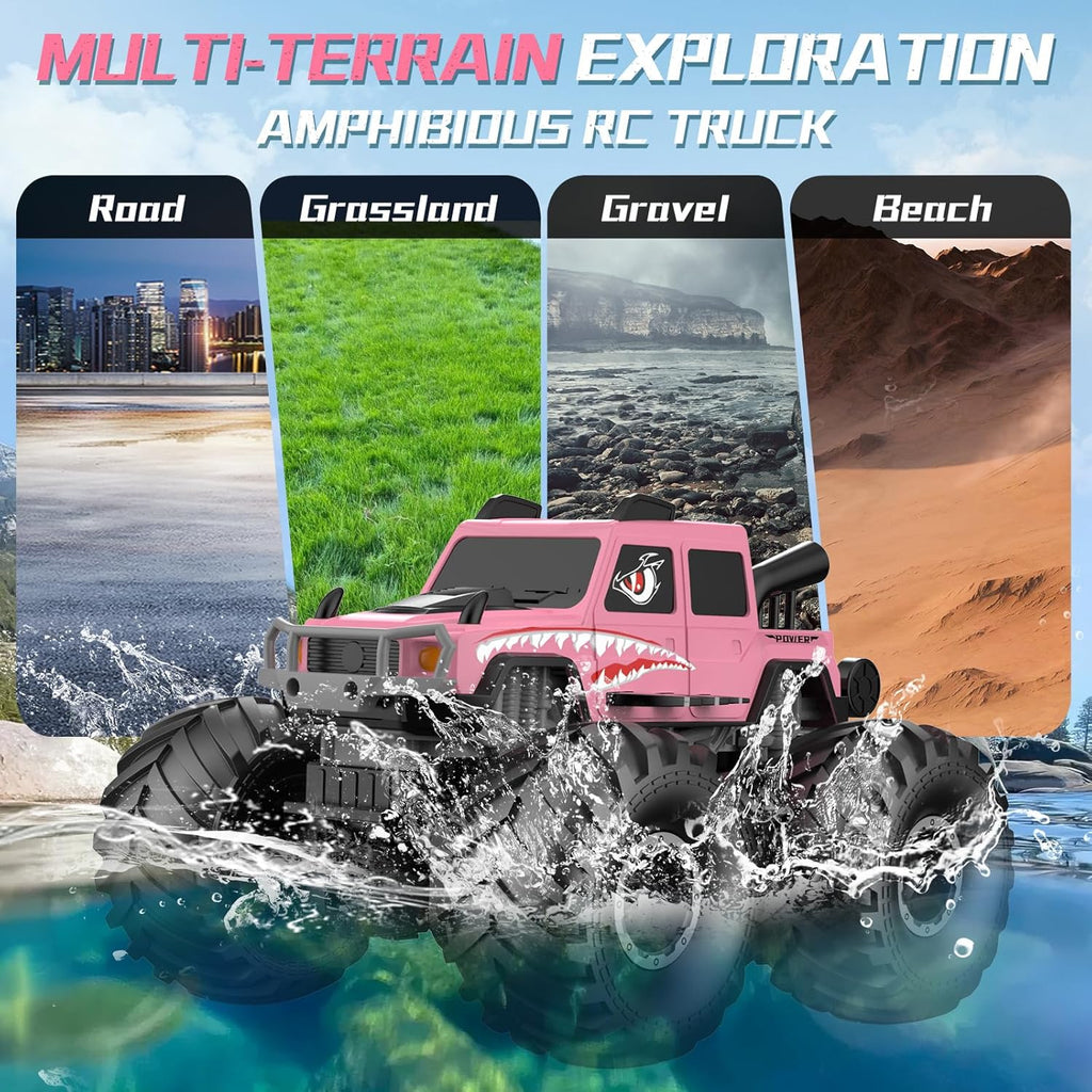 NQD® Pink Amphibious 4x4 RC Monster Truck, Waterproof 360° Rotate 2.4Ghz All Terrain Off-Road Toy Gift for Boys Ages 6-12+