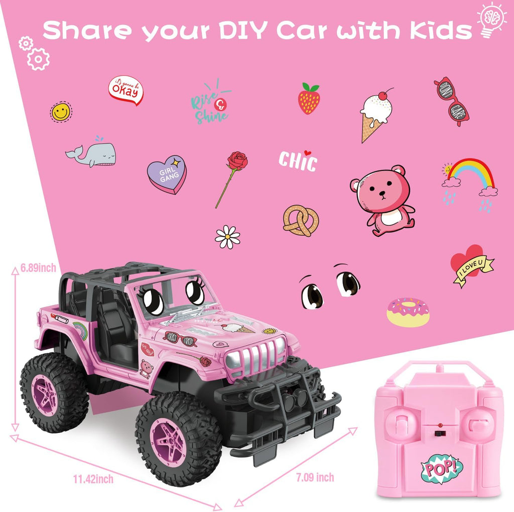 NQD Pink 2.4Ghz RC Jeep Truck with DIY Stickers, Remote Control Car Toy Gift for Girls Ages 3+ Birthday Xmas