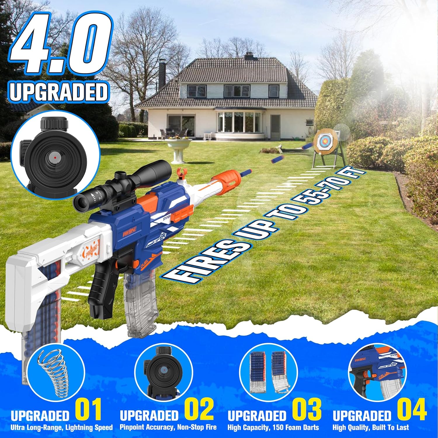 Auto Rechargeable Soft Dart Blaster Kit, Tactical Vest, Scope, Detachable Stock, Dual Modes, 150 Darts, Gift Kids 8-12