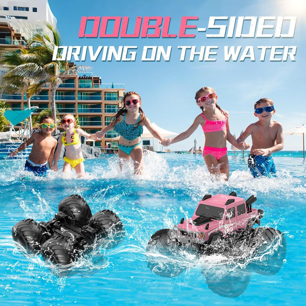 NQD® Pink Amphibious 4x4 RC Monster Truck, Waterproof 360° Rotate 2.4Ghz All Terrain Off-Road Toy Gift for Boys Ages 6-12+