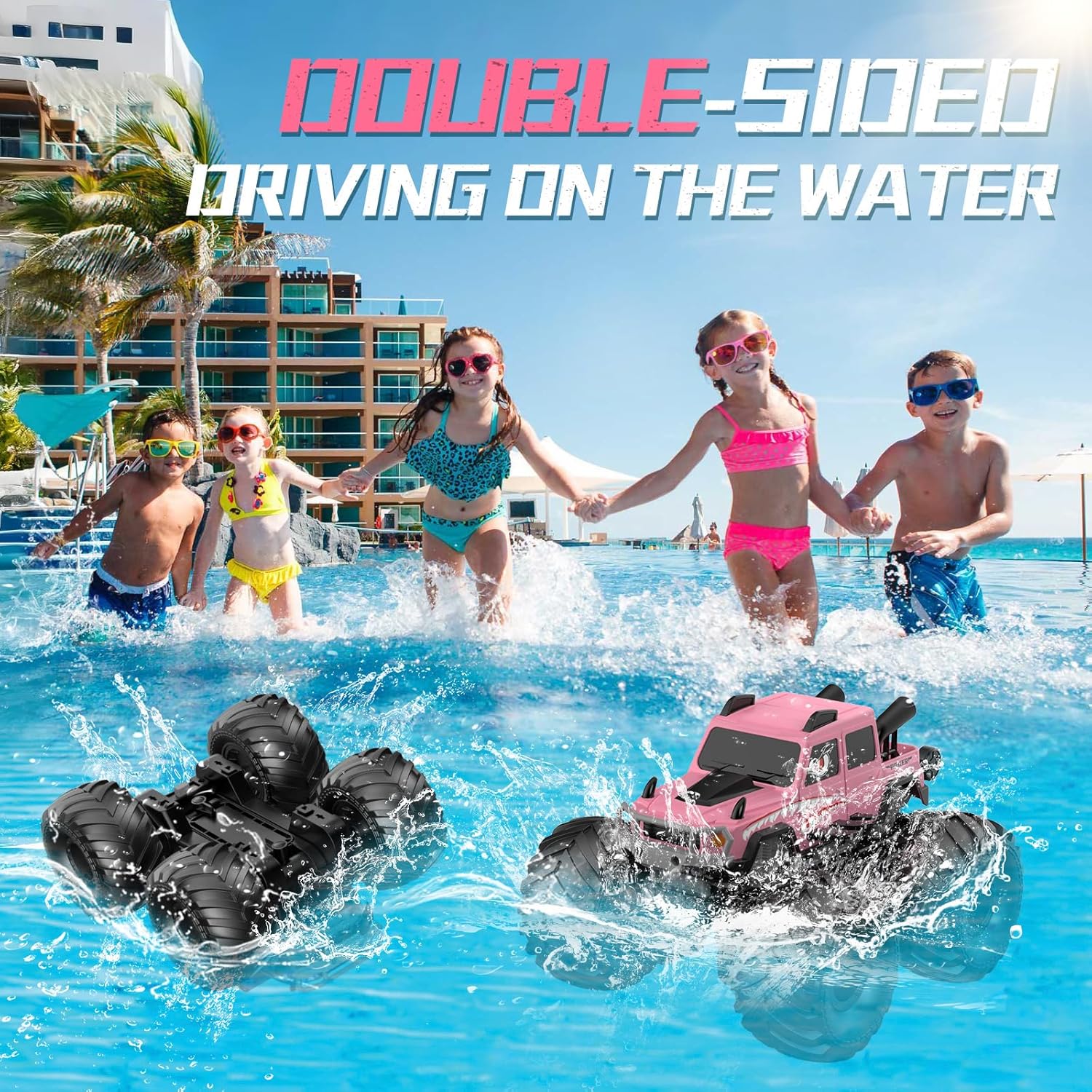 NQD® Pink Amphibious 4x4 RC Monster Truck, Waterproof 360° Rotate 2.4Ghz All Terrain Off-Road Toy Gift for Boys Ages 6-12+