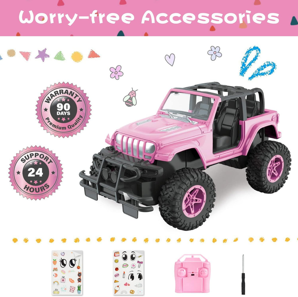 NQD Pink 2.4Ghz RC Jeep Truck with DIY Stickers, Remote Control Car Toy Gift for Girls Ages 3+ Birthday Xmas