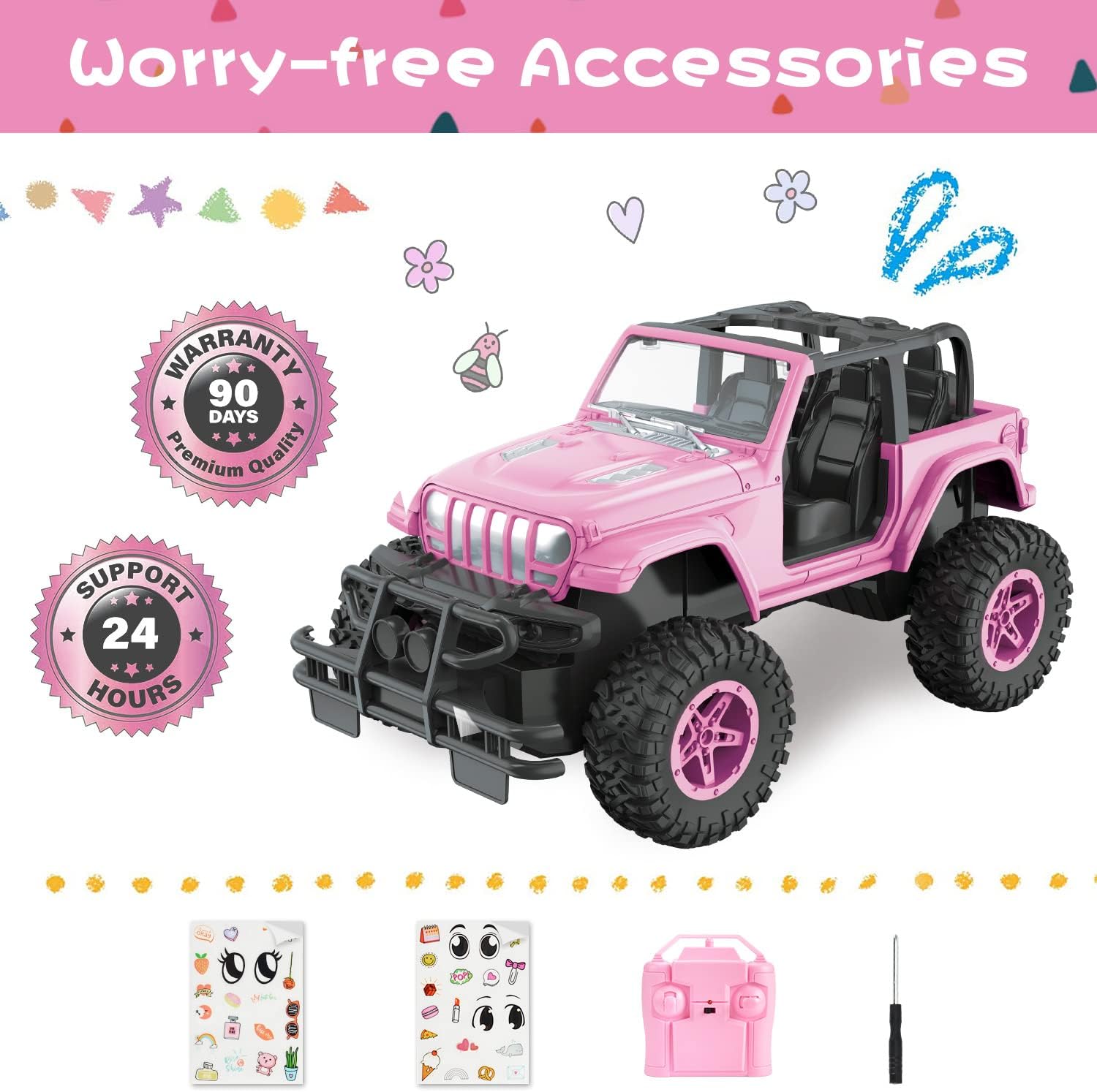 NQD Pink 2.4Ghz RC Jeep Truck with DIY Stickers, Remote Control Car Toy Gift for Girls Ages 3+ Birthday Xmas
