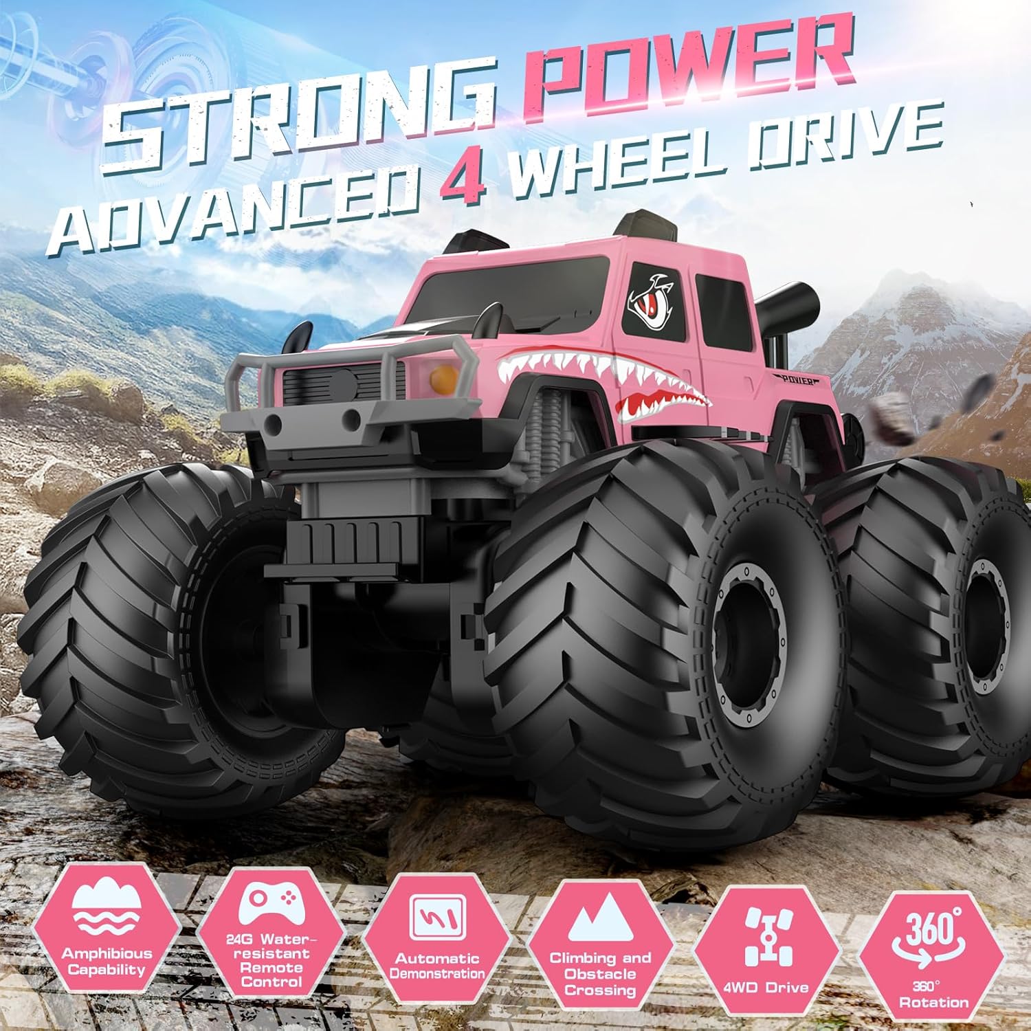 NQD® Pink Amphibious 4x4 RC Monster Truck, Waterproof 360° Rotate 2.4Ghz All Terrain Off-Road Toy Gift for Boys Ages 6-12+